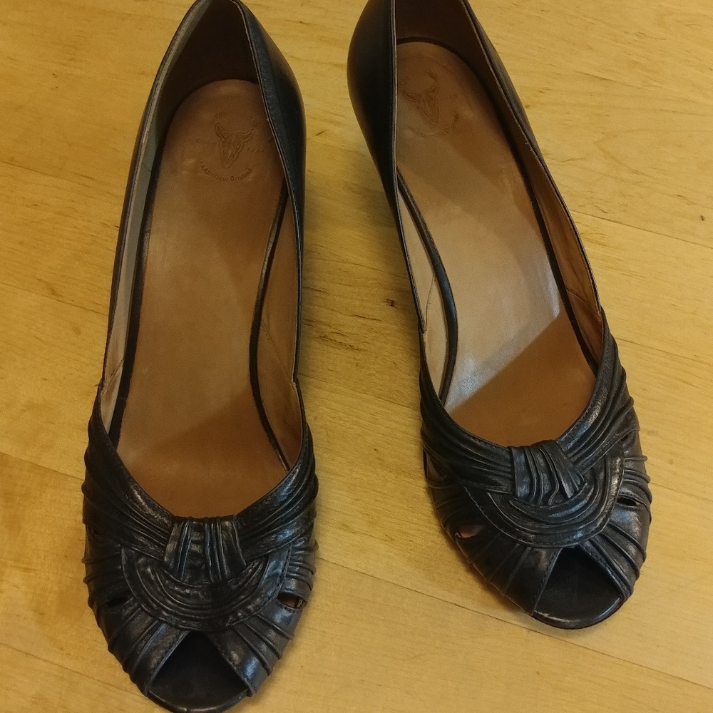 Frye Black Leather Peep Toe Heels